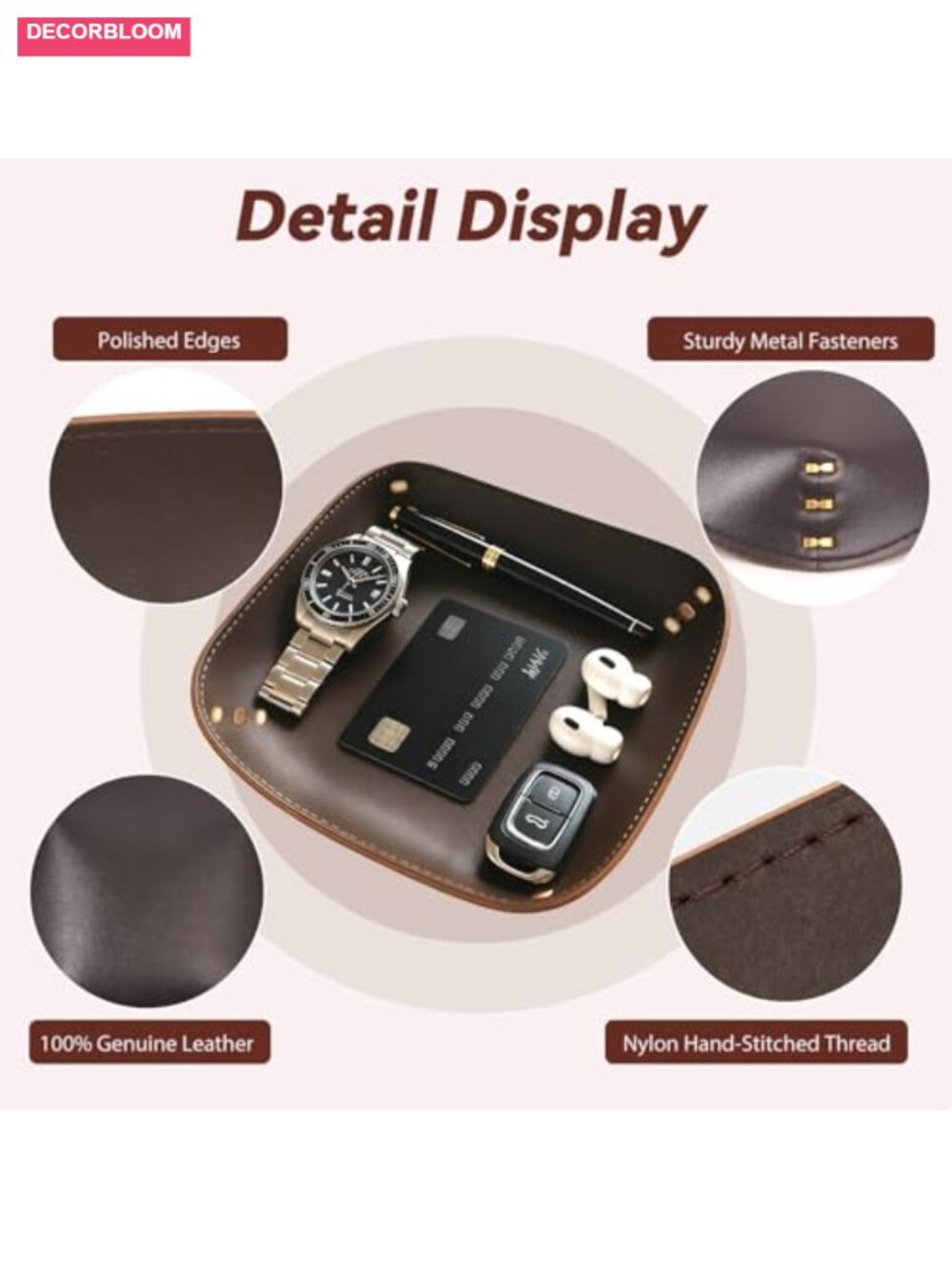 Genuine Leather Valet Tray Handmade Catchall Organizer for Desk Nightstand - Picture 2 of 6